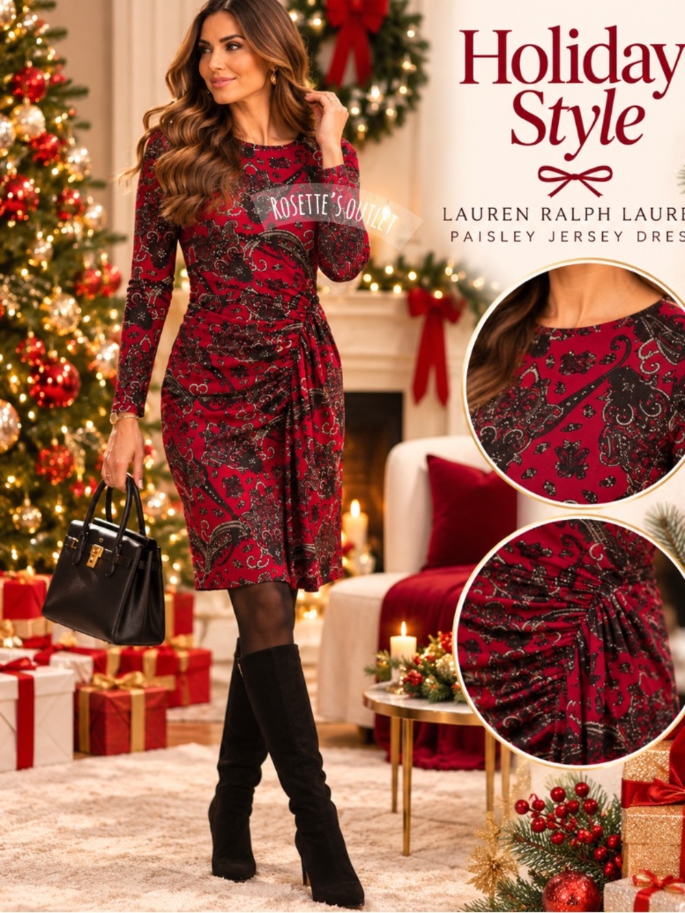 Lauren Ralph Lauren Paisley Long Sleeve Jersey Dress Classic Red MU Size 4